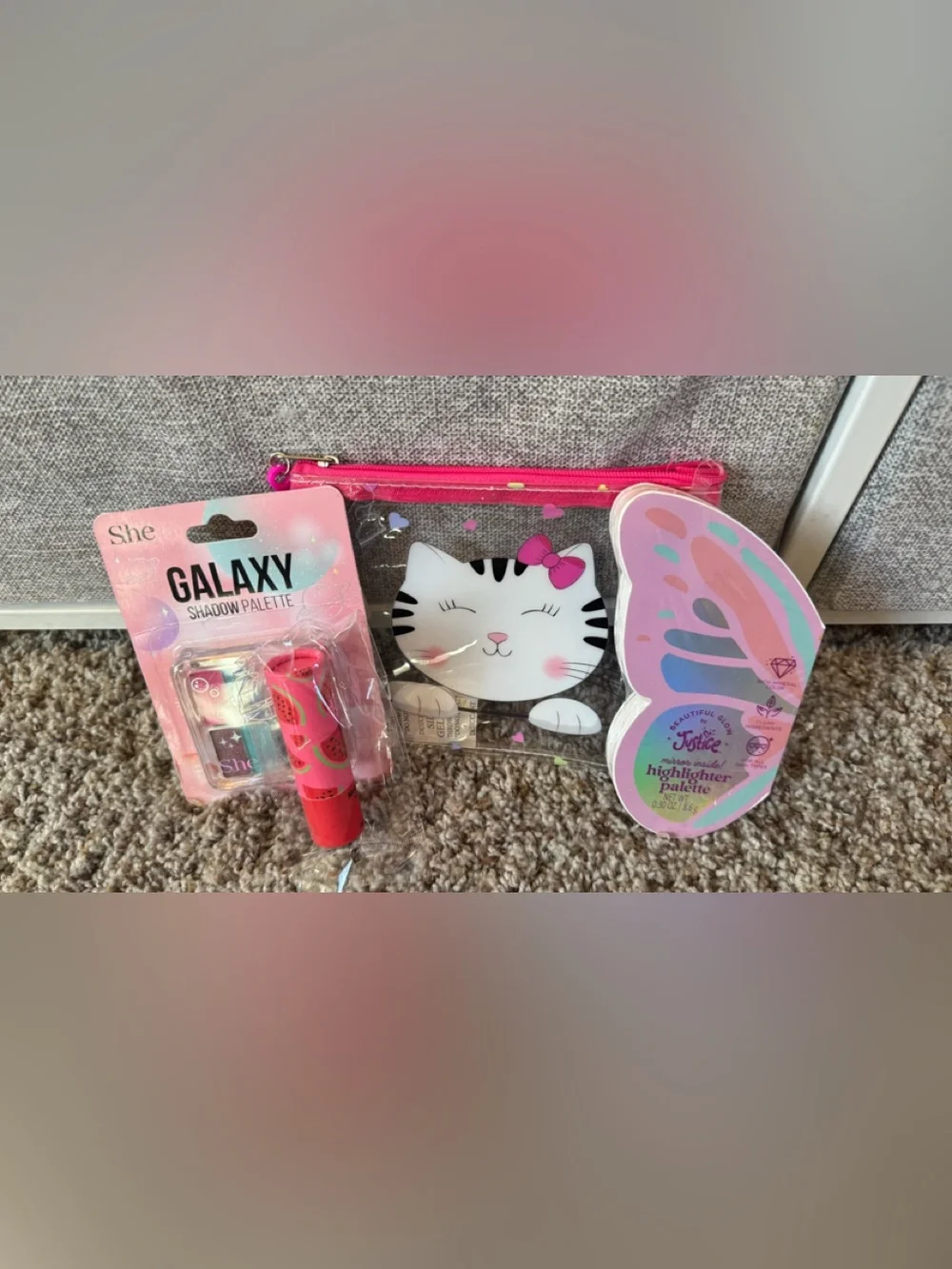 Justice Clear Cat Cosmetic Pouch with Pink Bow and Hot Pink Trim